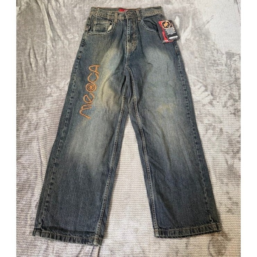 Mecca DNM Baggy Jeans Boys 12 Blue Denim Embroidered Wide Leg NWT Vintage 26X26